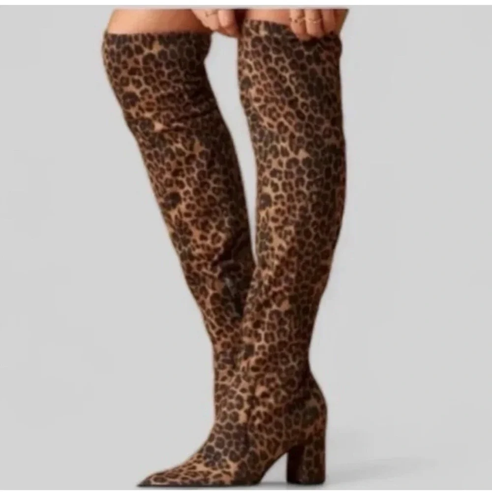 Marc Fisher‎ Leopard Print Over The Knee Block Heel Boots Brown Tan Woman's 8M